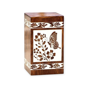 Handmade Sheesham Wood Cremation Urn Butterfly & Floral Inlay <b>Keepsake</b> <b>Box</b> Cremation urns For Adult Ashes - Product Image 1