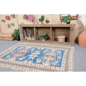 Alfombra de lana de retazos azul Beige tradicional, 4,6x6,2 pies, diseño turco Vintage, alfombra para sala de estar, látex, nuevo para decoraciones del hogar - Product Image 2