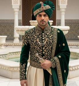 2025 @ Royal Groom Jacket, Anarkali ,Salwar Pant & Stole avec perles de verre en cristal ornées de perles Dabka fonctionnent pour le mariage - Product Image 1
