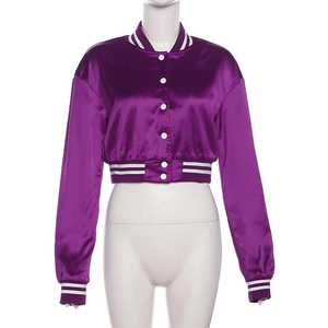 Wholesale Custom Women's 100% Polyester Satin Letterman Baseball Jackets <b>Crop</b> <b>Top</b> Satin Inner Quilted Stand Canvas Outdoor - Product Image 1