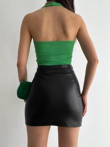 Femmes à la mode été culture débardeurs solide mince côtelé noir tricoté tissu col en v dos nu court sans manches conception respirant - Product Image 5