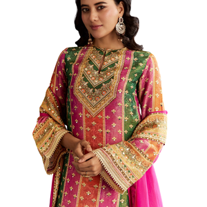 Kurta ทิชชู่สีชมพูพร้อมพิมพ์ลายพาลาซโซและออร์แกนซ่า dupatta เครื่องแต่งกายชาติพันธุ์สำหรับผู้หญิงขายส่งโรงงานผลิตตามสั่ง - Product Image 5
