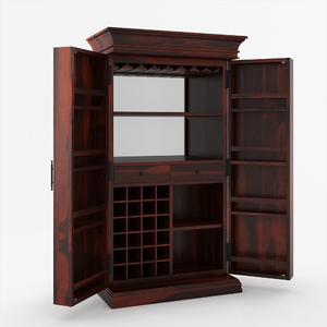 Mueble Bar Alto de Madera de Teca Maciza de Lujo, Diseño Antiguo, Muebles de Madera de Java con Botellero, Espejo y Almacenamiento, Barra Fija - Product Image 4