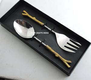 Ensemble de 2 couverts à salade en acier inoxydable, cuillère et fourchette en or fantaisie - Product Image 4