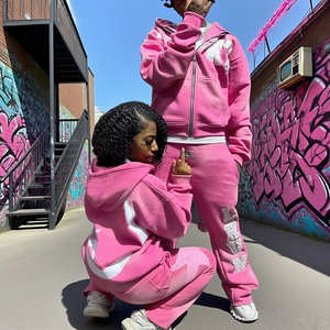 Chándal personalizado apilado para hombre, chándal 100% de algodón con apliques de parche, Sudadera con capucha desgastada, conjunto de jogging, pantalones de chándal acampanados y conjunto de Sudadera con capucha - Product Image 2