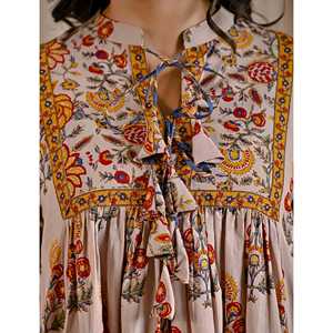 Vestido Corto Casual Elegante de Algodón Beige Amarillo Estampado con Borlas Delanteras, Transpirable, ODM, para el Día, Fiestas y Club - Product Image 2