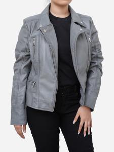Chaqueta de piel auténtica original para mujer, chaqueta clásica de piel de cordero a la moda, chaqueta de moto de piel de oveja auténtica gris - Product Image 6