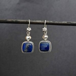 Nouvelle Arrivée Fine 925 Sterling Silver Drop Boucles D'oreilles Vintage Style Carré Forme Lapis Lazuli Gemme Plaqué Or - Product Image 2