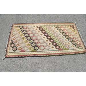 Tapis Kilim Turc Vintage Beige et Vert Patchwork Design 3.2X6 ft Tissage Plat Laine Jute Tapis pour Couloir Grande Taille Chambre Tapis - Product Image 3