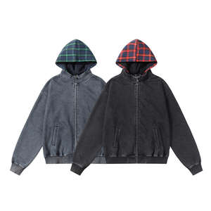 High Street American Retro Washed Vintage Plaid Patchwork Sudadera con capucha Hombres Fashion-Forward Loose Hoodies - Product Image 6