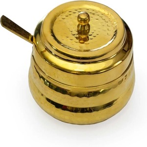 Utensilios de cocina de latón antiguo de 4 pulgadas con revestimiento de lata de 4 pulgadas Ghee/aceite/pepinillo con tapa y cuchara Material metálico - Product Image 2