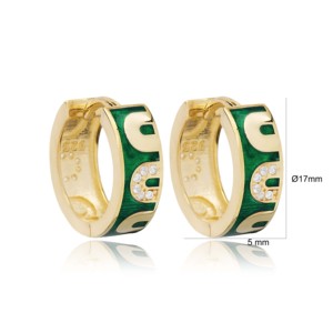 Pendientes de Aro con Diseño de Esmalte Verde y Circonita, Plata de Ley 925, Chapados en Oro, Joyería Artesanal Moderna para Mujer - Product Image 3
