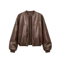 Blouson Bomber Femme Marron en Similicuir, Style Vintage Oversize avec Motifs Décoratifs, Taille XL Personnalisable pour Automne, Printemps, Hiver