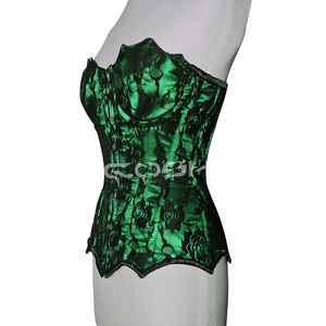 Top Corsé Sexy Verde Satinado con Diseño de Reloj de Arena y Malla Floral Negra para Fiestas Nocturnas con Cierre Frontal - Product Image 3