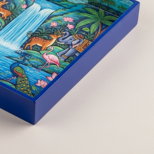 Plateau de service carré en bois indien Meena fait à la main, motif vagues océaniques et dauphins, art luxueux, décoratif, biodégradable, écologique, jetable - Product Image 6