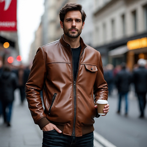 Col design à quatre poches zippées pour hommes coupe ajustée Vestes en cuir véritable | Veste en cuir de vache coupe-vent pour hommes Logo personnalisé - Product Image 1