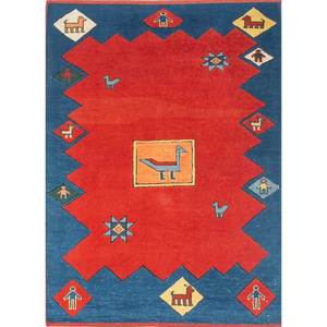 Alfombras de Lana Anudadas a Mano con Diseño Geométrico Nuray, Rectangulares de 9x12, con Patrón Abstracto para Sala de Estar o Dormitorio, Naranja y Rojo - Product Image 1