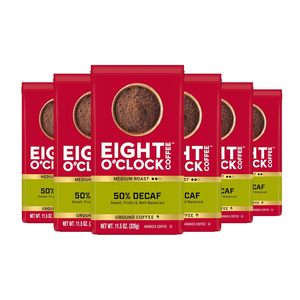 Café Eight O'Clock 50% décaféiné, torréfaction moyenne, café moulu demi-café, 100% Arabica, certifié casher, 11,5 onces (lot de 6) - Product Image 1