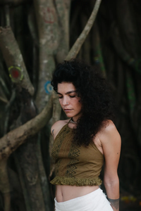 Tribal 'Cacao' <b>Crop</b> <b>Top</b> 100% Cotton Hand Block Printed Halter Collar Knitted Casual Short Length with <b>Fringes</b> - Product Image 5