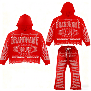 BRANDNAME <b>Red</b> Hoodie And Sweatpants Set <b>Glitter</b> Print Streetwear Full Length Loose Fit Unisex Autumn Wear - Product Image 1