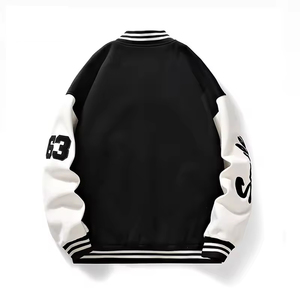 Chaqueta Varsity de lona con logotipo personalizado para hombre con cuello levantado bordado negro béisbol universitario Letterman para parejas - Product Image 4