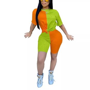 Conjunto corto de verano sin costuras con cuello redondo y bloque de Color sólido completo entrenamiento mujer Fitness algodón poliéster deportes de talla grande transpirable - Product Image 1