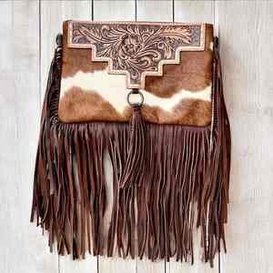 Nouveau Sac Bandoulière Vintage 2026 pour Femme en Cuir Véritable 100% avec Franges et Motifs Floraux Gravés à la Main, Sangle Réglable - Product Image 2