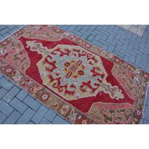 Alfombra de área grande turca Vintage, clásica, roja, Beige, 4x7,2 pies, respaldo de látex de lana, patrón abstracto para pasillo de adolescentes, Alfombra de habitación modelo - Product Image 4