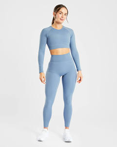 Vente en gros logo personnalisé taille haute bleu ardoise Leggings agrafés avec dos en forme de V taille élastique Gym Workout Yoga Leggings pour les femmes - Product Image 3