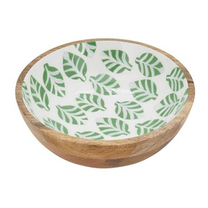 Bol de service à collation et à fruits le plus vendu pour la table Bol en bois imprimé de fleurs en émail décoratif fait à la main avec des cuillères - Product Image 3