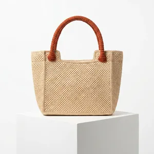 Bolso Tote Tejido de Paja con Asas Naranjas, Estilo Bohemio, Bolso de Compras de Verano, Forro de Algodón, ANA Madagascar H25L25B10cm - Product Image 1