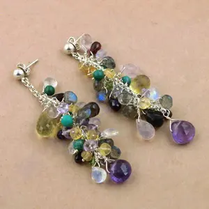 Boucles d'oreilles pendantes en or plaqué avec un cluster de pierres précieuses argentées, multi-pierres, avec diamant, perle et zircon pour les mariages et les fêtes - Product Image 1