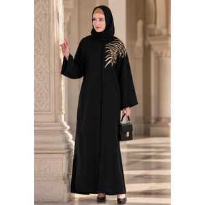 Abaya de Dubái Modesta con Bordado de Hojas Doradas, Diseño Abierto al Frente, Largo hasta el Suelo y Silueta Recta - Product Image 1