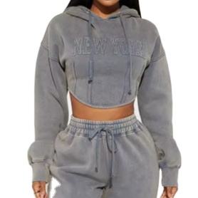 ชุดวอร์มผู้หญิงผ้าฝ้ายลำลองฤดูใบไม้ร่วงเสื้อครอปซีดจางเสื้อกีฬาสีเทาลายตัวอักษรขนาดพิเศษโลโก้ออกแบบได้ตามต้องการ - Product Image 2