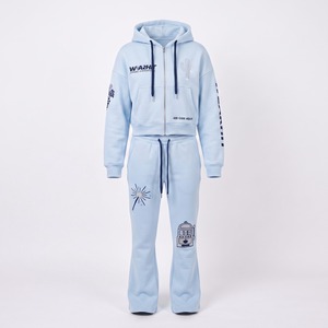 Fleece Heavyweight Hooded Tracksuit Set Heat Press Vinyl Rhinestone <b>Cropped</b> Zip Hoodie Flare <b>Pants</b> 420 GSM Ice Blue Custom Logo - Product Image 1