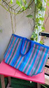 Bolsas de compras a rayas de PP tejidas ecológicas, reutilizables, sostenibles, recicladas, de nailon, polipropileno, plástico, hecho en telar manual India, a granel - Product Image 2