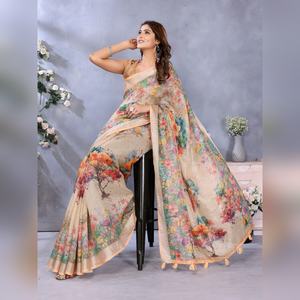 ผ้าส่าหรีลายดอกไม้หลากสีสันโทนเบจแบบมืออาชีพ รุ่น GG-423  ซักเฉพาะ  ให้ความรู้สึกนุ่มละมุน  ประกายละเอียดอ่อน  และมีเอกลักษณ์เฉพาะตัว - Product Image 3