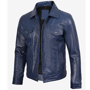 2026 OEM Most Selling Blue Original Cowhide Leather <b>Jacket</b> For Men's Button Pockets High Quality Low MOQ <b>Heated</b> Fashion <b>Jackets</b> - Product Image 5