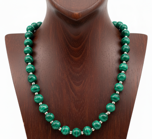 Women's 18-Inch <b>Silver</b> 925 Malachite Stone Beaded <b>Necklace</b> Hand Knotted Geometric Design Trendy Fashion Accessory Gift - Product Image 4