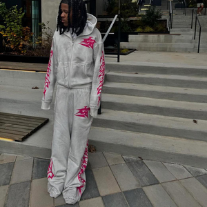 Custom 100% Cotton Street style Regular Fit Asid Wash Serigrafía Rhinestone Distress Oversize Hoodie Jogger Set para hombres - Product Image 3