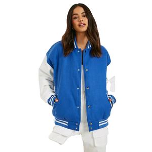 Veste de baseball décontractée à manches courtes personnalisée pour femme, veste de style universitaire en laine avec patchs, veste courte en coton - Product Image 1
