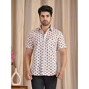 Chemise décontractée en popeline de coton blanche pour homme, imprimée, manches courtes, respirante, style western, taille XL - Product Image 1