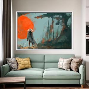 Lienzo Impreso con Arte de Guerrero Samurái Abstracto Moderno en Vidrio Templado, Lienzo con Marco Blanco - Product Image 1