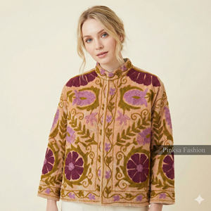 Chaqueta de punto de terciopelo de algodón Suzani |   Abrigo Bohemio para Mujer Otoño/Invierno |   Patrón Floral Bordado Transpirable y Resistente al Viento - Product Image 1
