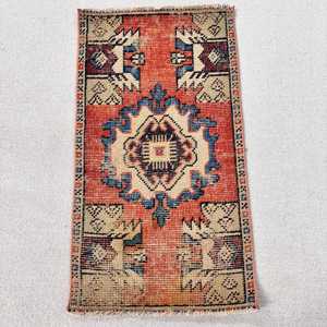 1.5x2.7 ft Rug, Vintage Turkish Rug, <b>Red</b> Blue Floral <b>Wool</b> Rug - Product Image 1