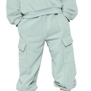 Ensemble de survêtement en coton bleu clair pour filles, manches longues, col rond, coupe ample décontractée avec poches latérales, tenue de printemps - Product Image 5