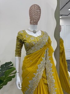 Haute Qualité Lourd Tibby Soie Designer Fil Sequin Travail Saree En Vrac En Gros Comprend Mono Benglori Blouse pour Les Occasions De Fête - Product Image 5