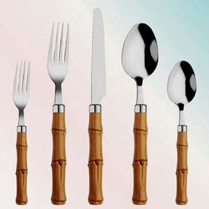 Highly Luxurious Restaurant Stainless Steel Silver Nickle Plated Long Wooden Bamboo Design Handle <b>Spoon</b> <b>Knife</b> & <b>Fork</b> Cutlery <b>Set</b> - Product Image 2