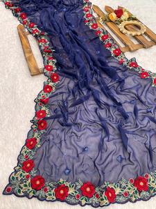 Sari Georgette azul con secuencia y trabajo de hilo de bordado múltiple Estilo pakistaní Ropa de boda y fiesta - Product Image 2