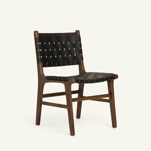 Chaise de salle à manger en teck d'extérieur moderne avec couleur bois naturel et cuir noir tressé pour restaurant, hôtel, villa et parc - Product Image 2